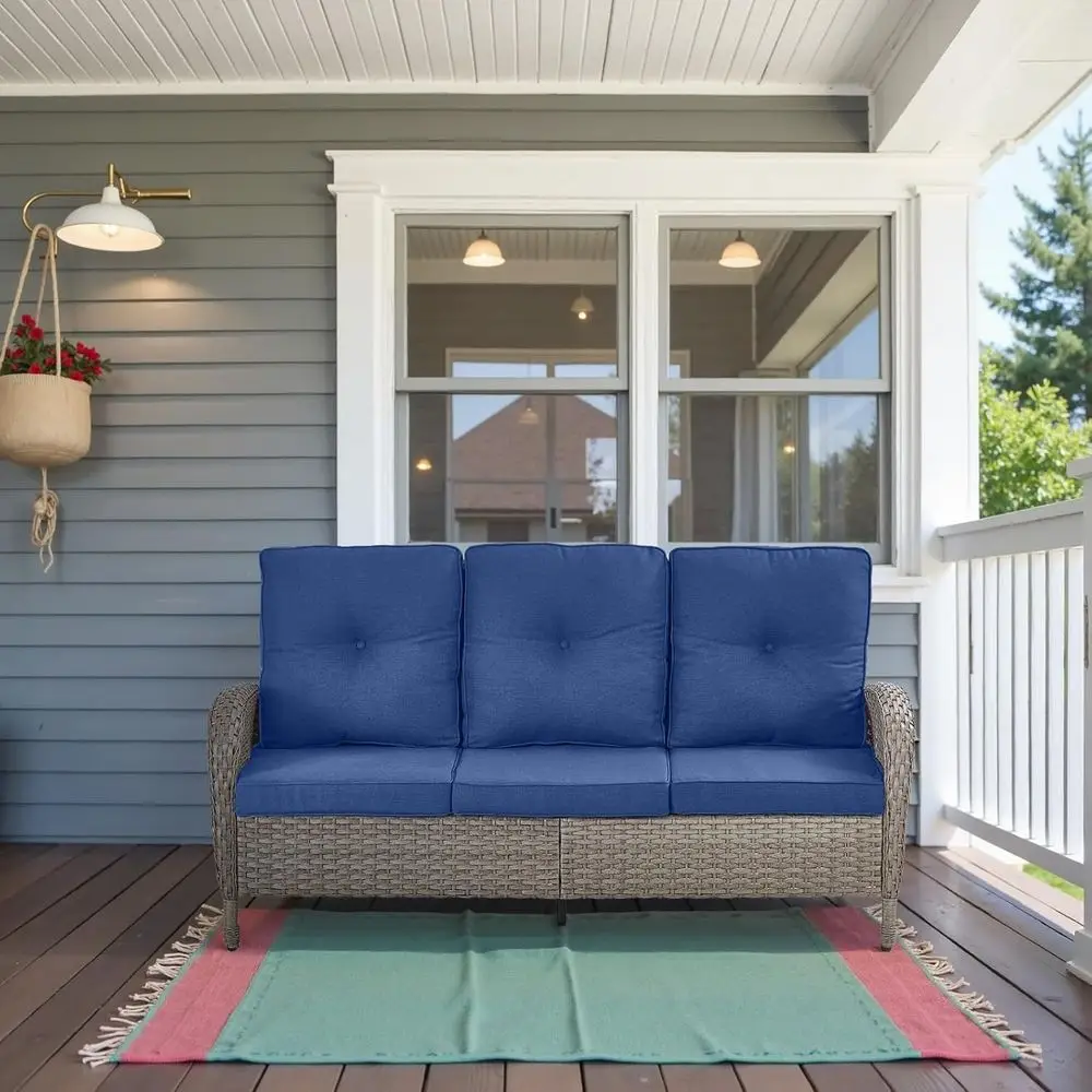 

All-Weather 3-Seater Wicker Sofa with Cushions, Deep Seat & High Backrest for Patio, Balcony, Gray/Blue