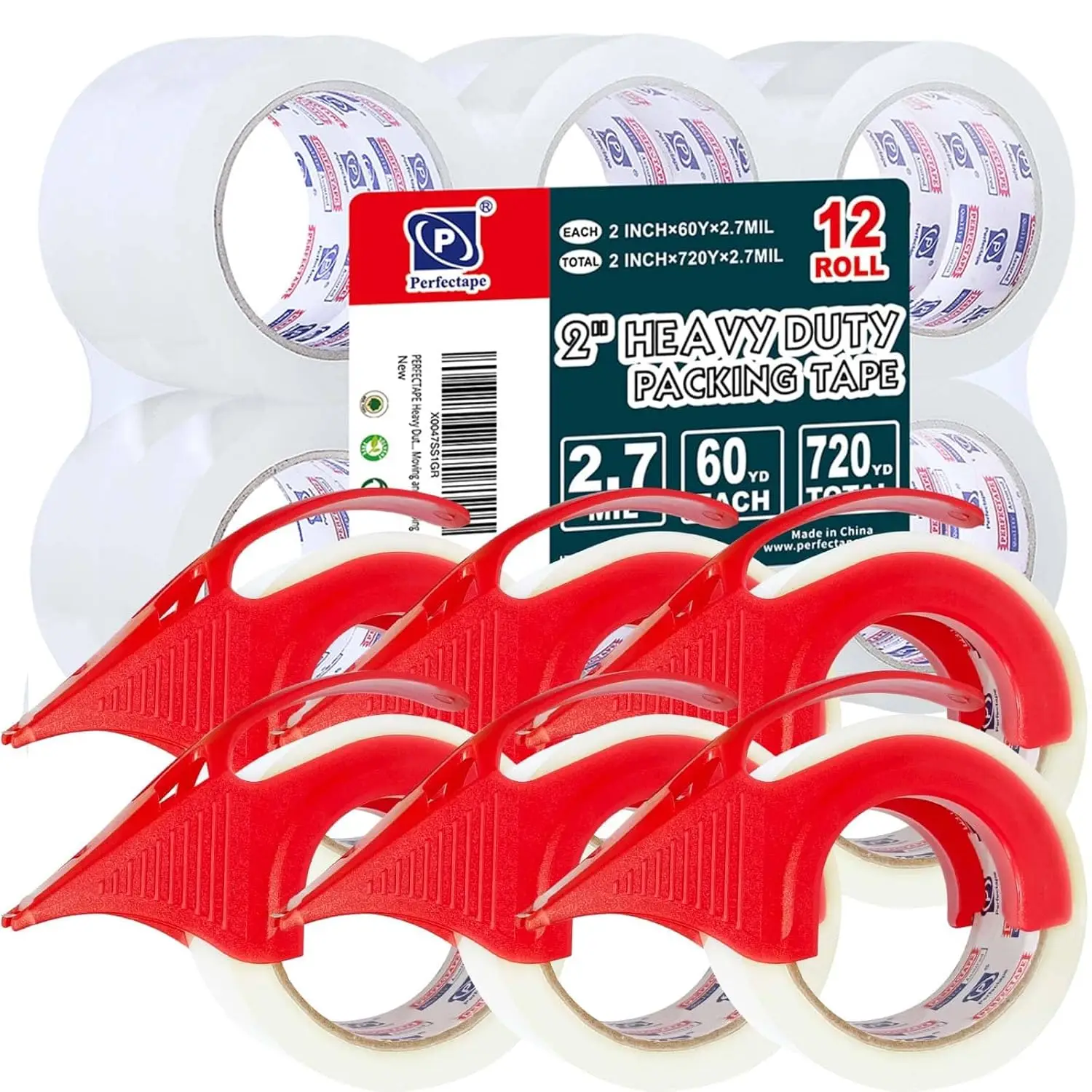 PERFECTAPE Heavy Duty Packing Tape 12 Rolls with 6 Dispensers, Clear, 2.7 mil, Ultra Adhesive, 1.88" x 60 Yards, Refill