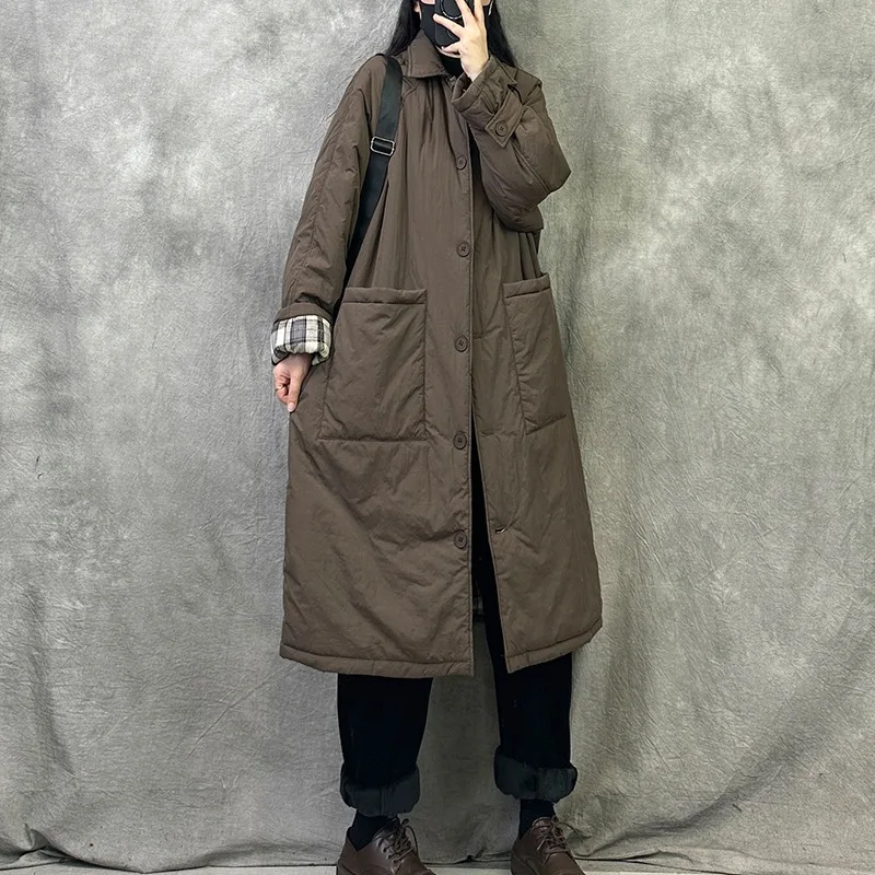 Original Thiened Cotton Jaet Windbreaker Mid-Length Women's Winter Loose plus Size Ele Sle Commute Pure Color