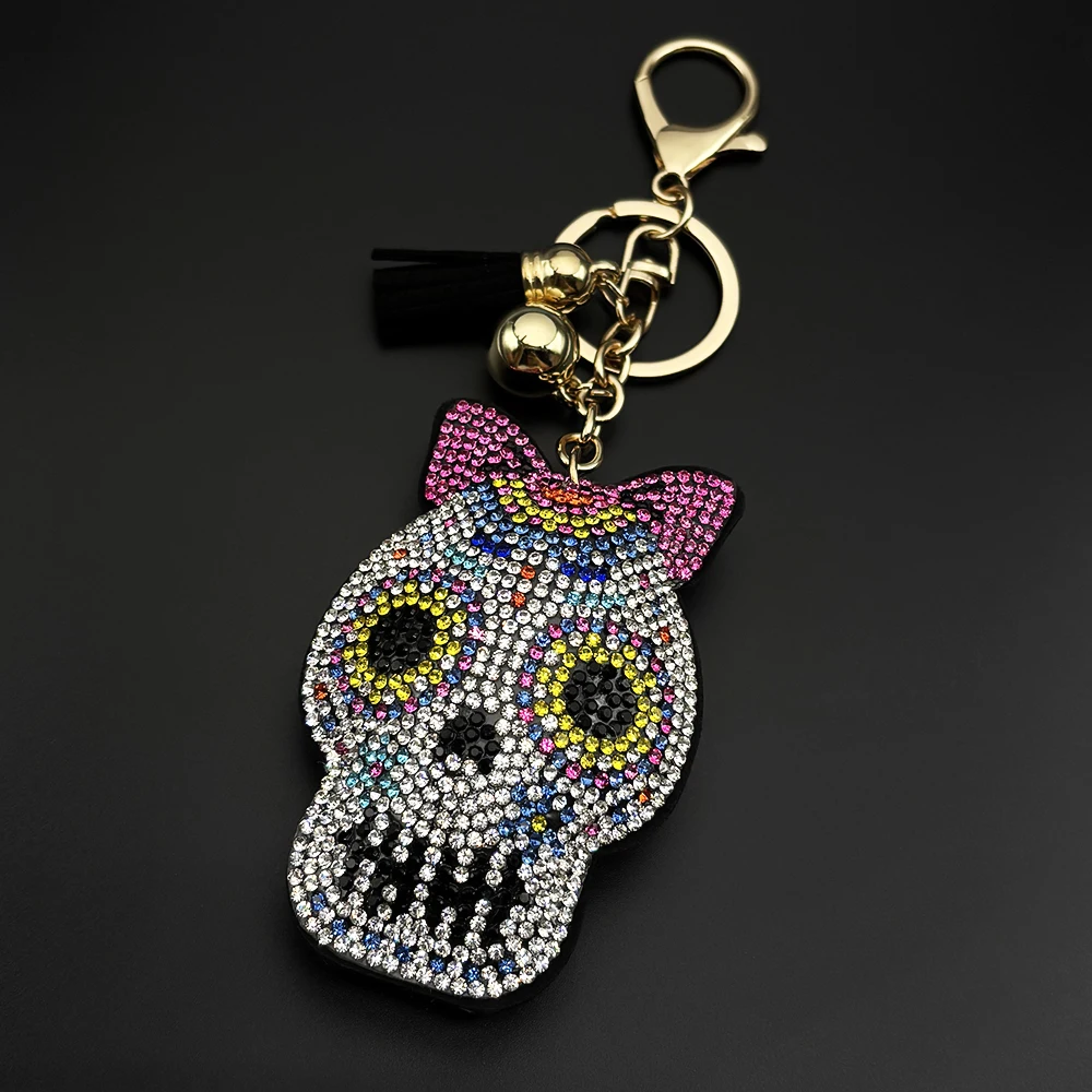 Gothic Dark Skull Couple Keyring For Women Men Crystal Black Color Dark Skeleton Fashion Keychain Jewelry Mexican Dead Day Gifts