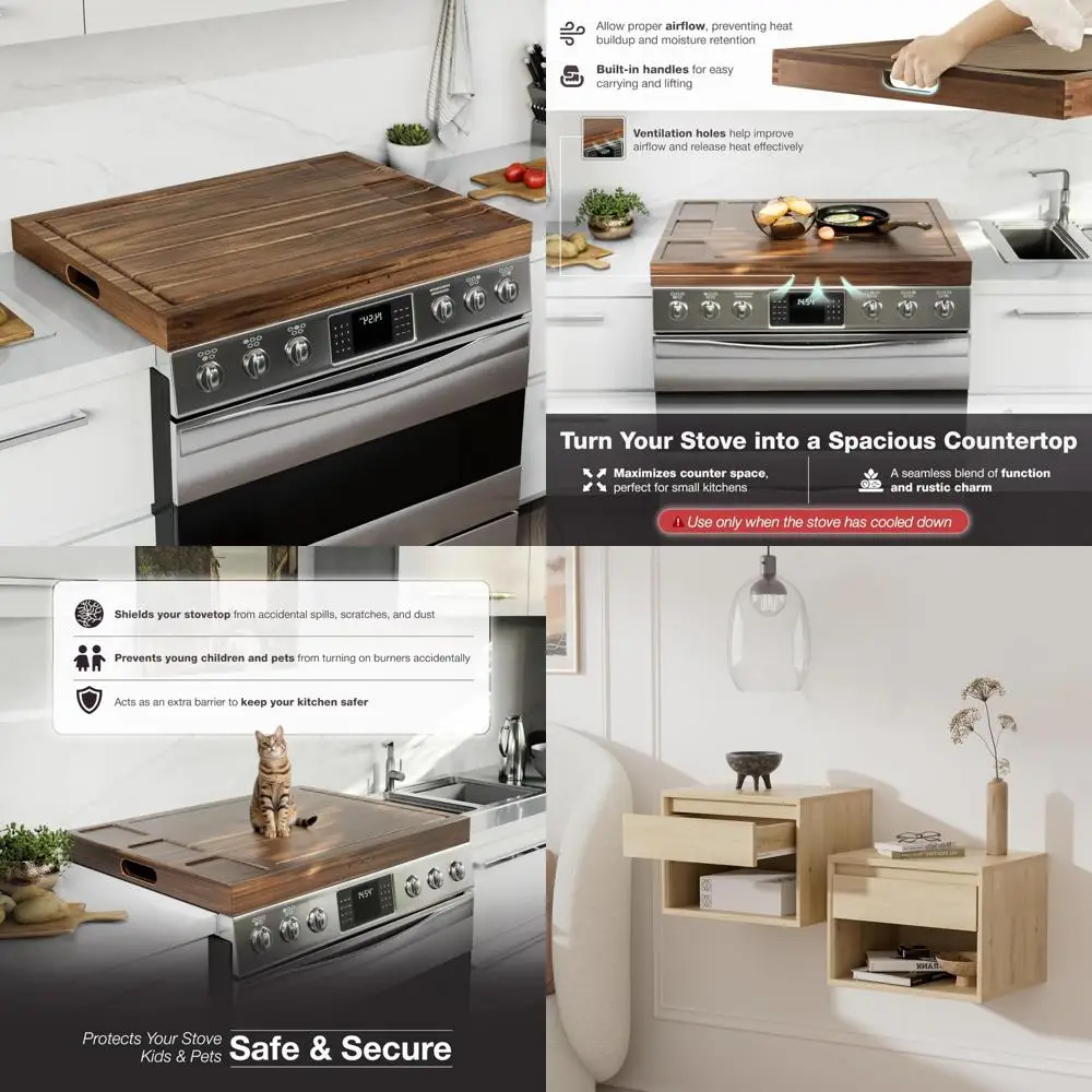 

3-in-1 Wood Stove Top Cover for Gas, Electric Stoves, and RVs - Noodle Board with Handles for Versatile Use