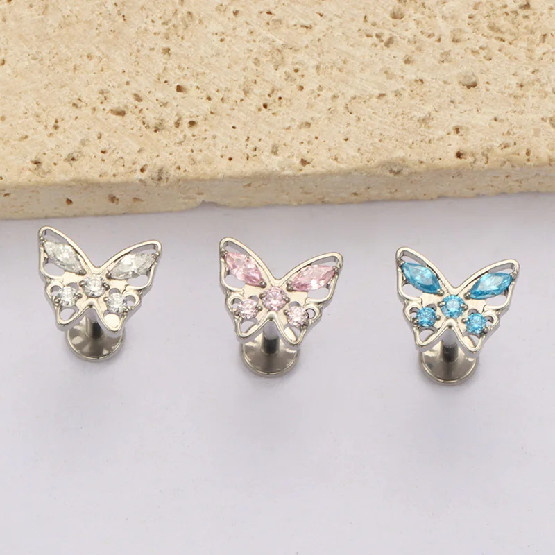 ASTM F136 Titanium Hollow Butterfly Cubic CZ Lab Piercing Internal Thread Conch Labret Tragus Helix Conch Piercing Lip Nose Body
