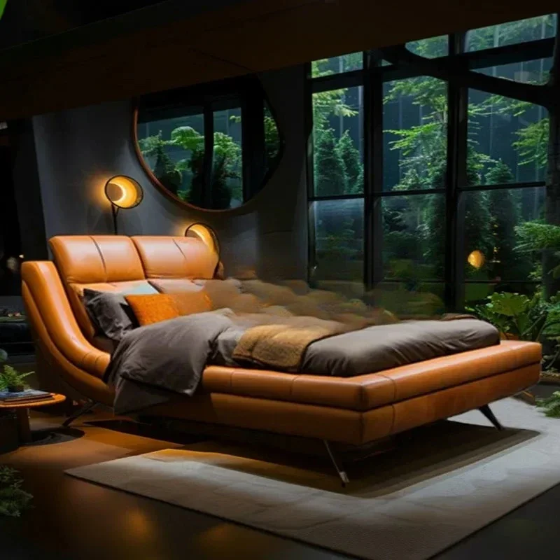 Italian minimalist leather bed modern minimalist high-end villa soft bag bed master bedroom first layer cowhide  double bed