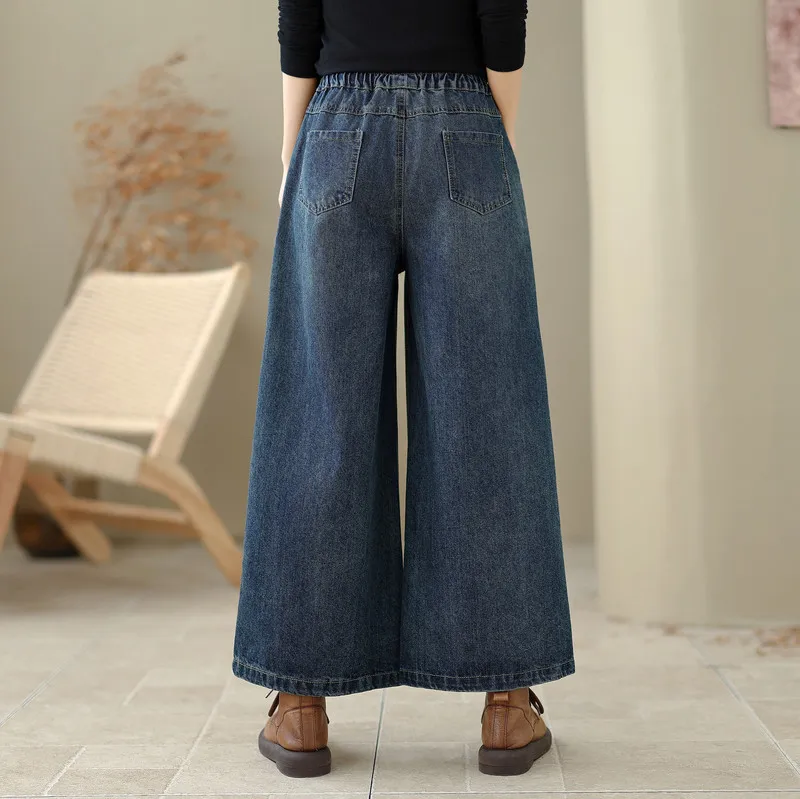 Pantalones vaqueros de pierna ancha con bordado Floral para chica Mori Vintage japonés, pantalones vaqueros rectos holgados informales con cintura elástica de otoño para mujer