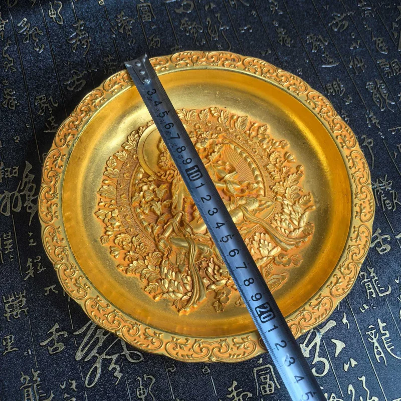 Antique Bronze Guanyin Plate 22cm with Eight Diagrams Mirror Relief Craft Ornament