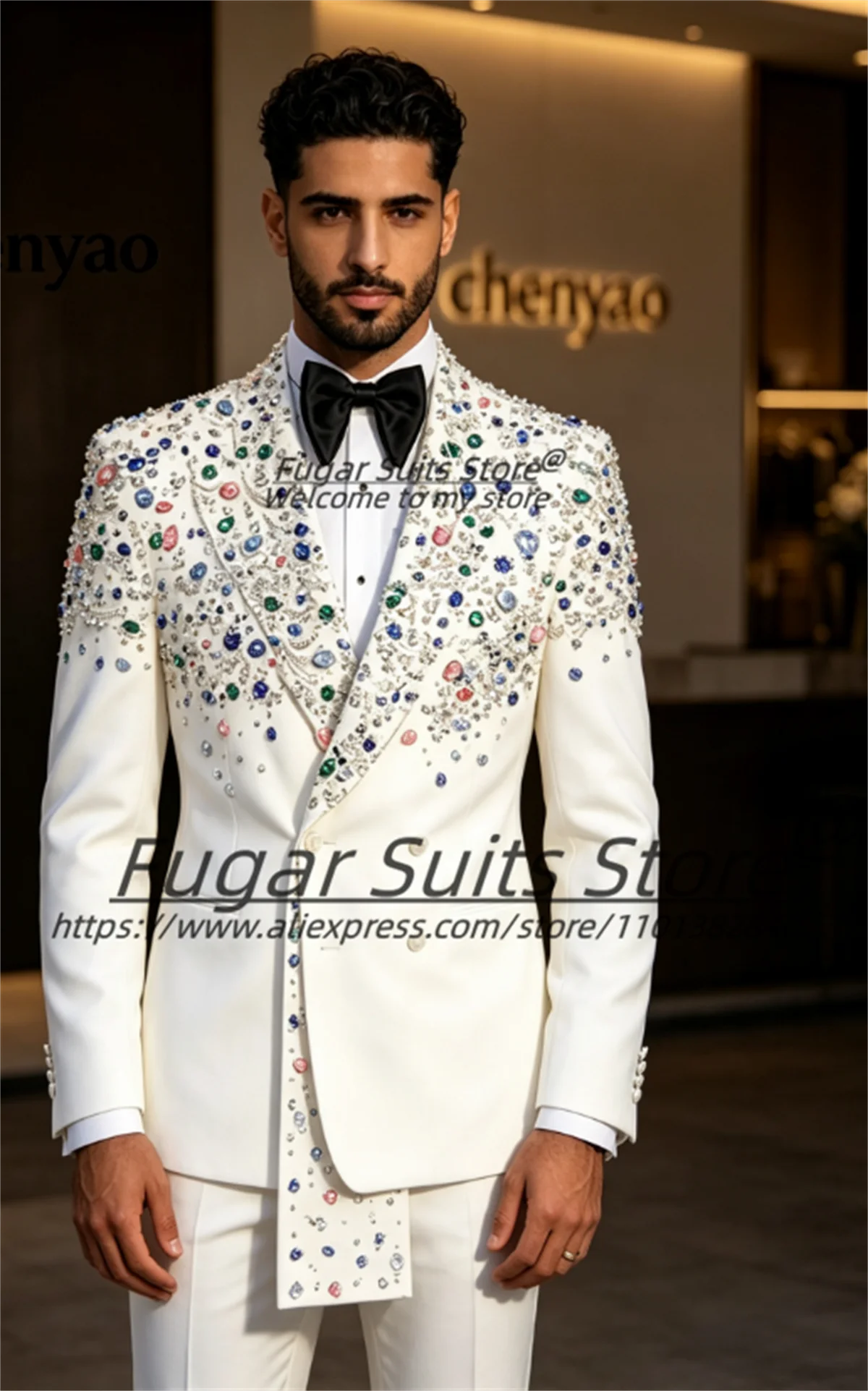 Luxurious Multi Color Crystal Rhinestone Heavy Embroidery Men Suits Customized Slim Peak Lapel Groom Wedding Tuxedos 2 Pcs Sets