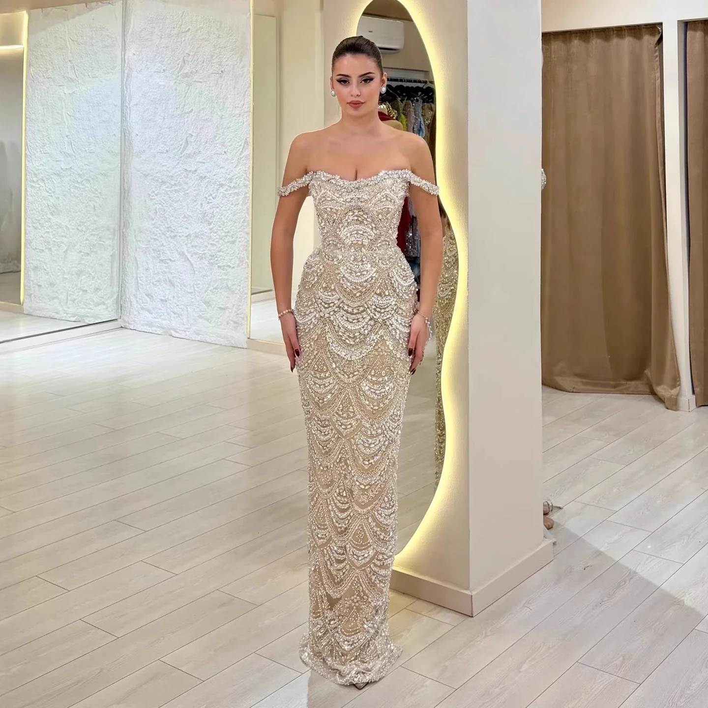 Aunber Customized Luxury Pearl Beaded Mermaid Off-Shoulder Nude Evening Dress Formal  Wedding Party For Women Full of Beads view 4