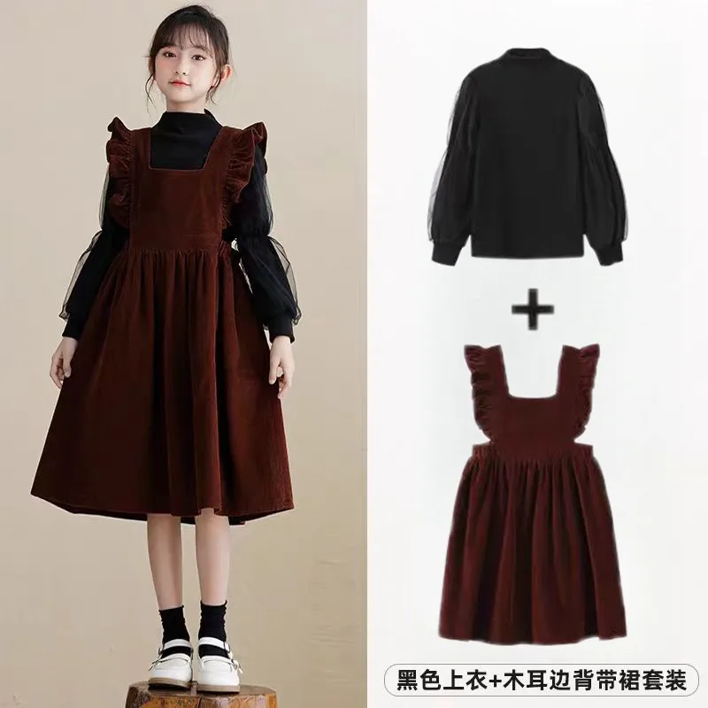2026 winter autumn Girls set Cloth black lace Velvet t-shirt teenager +sundress Strapless Dress corduroy 4 5 7 10 12 14 new year