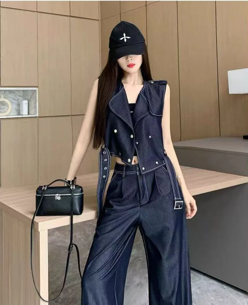 

Vintage Tencel Denim Suit Women Summer Fashion Vest Top Summer Wide-legged Pants Two-piece Set 2025 New
