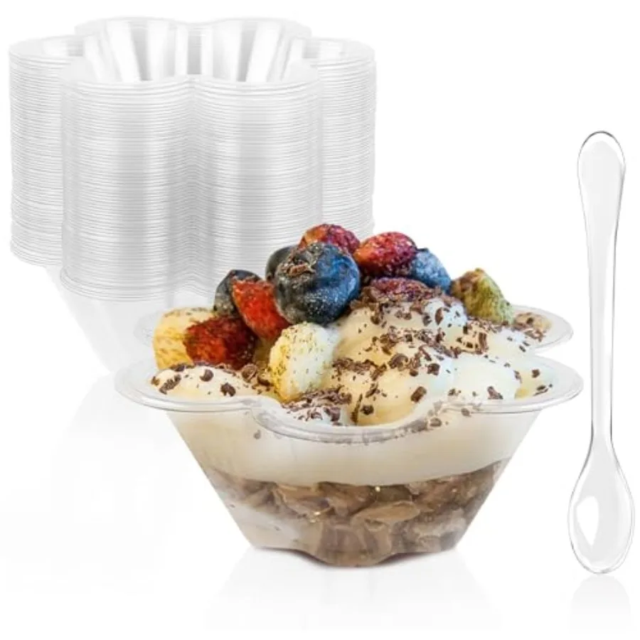 8 oz Dessert Cups with Spoons, Pack Clear Plastic Small Party Serving Bowls for Sundae, Parfait, Fruit, Strawberry Shortcake, D