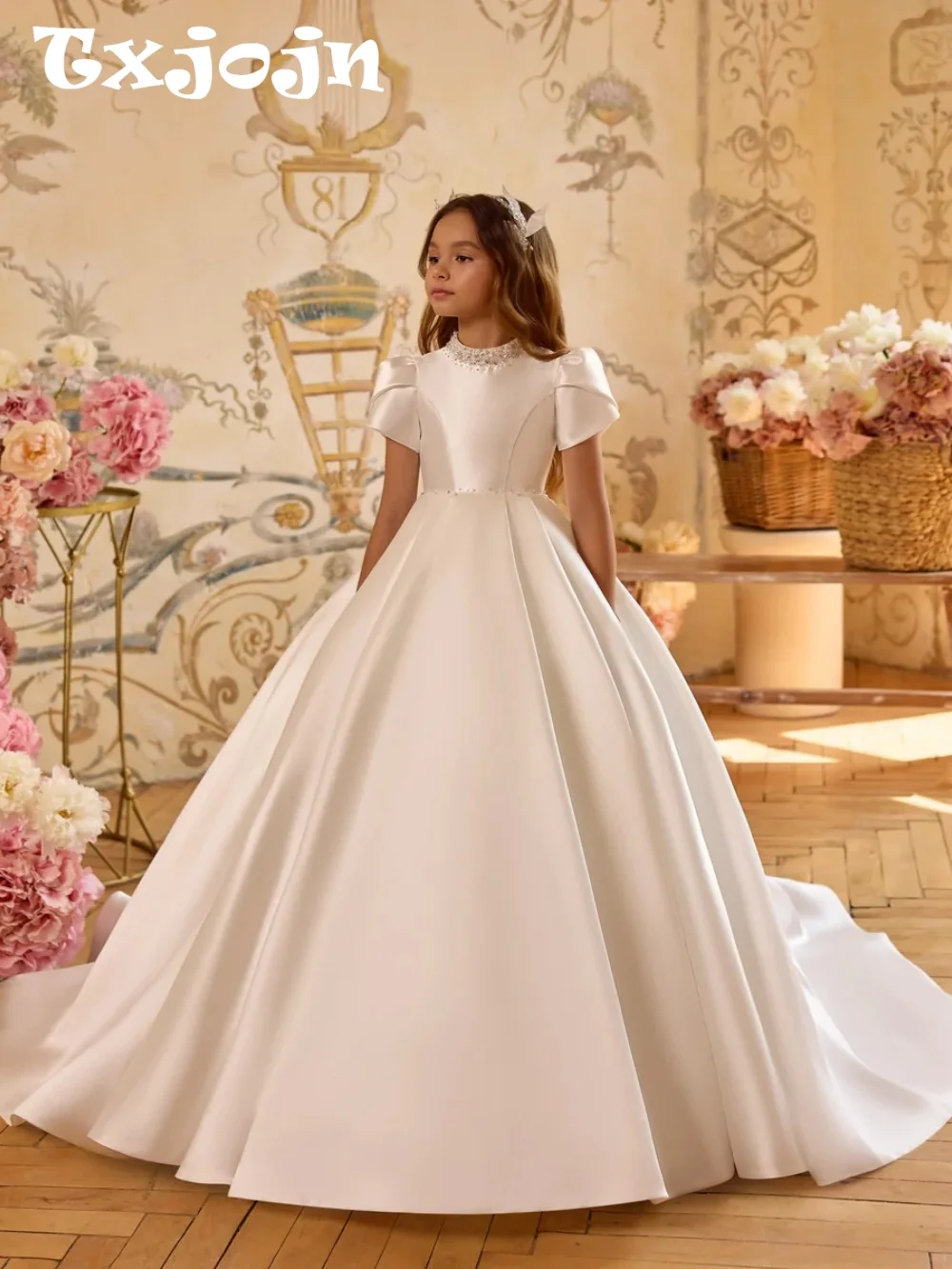 

New Arrival Luxury Satin Short Sleeve Flower Girl Dress Kids' Crystal Embellished Formal Pageant Wedding Ball Gown with Train