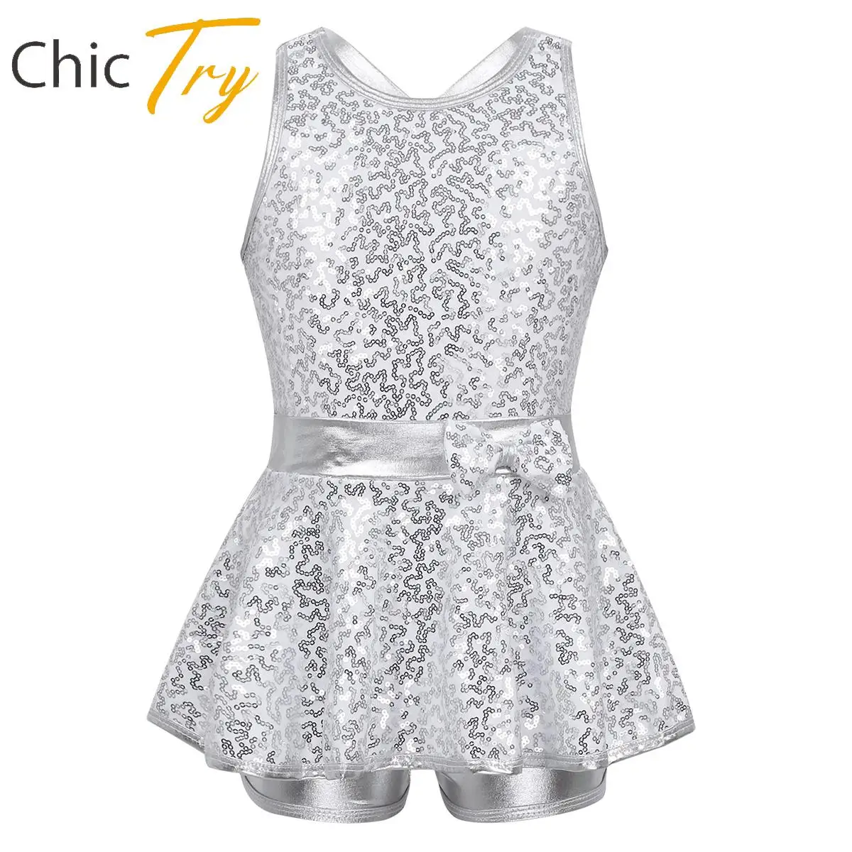 

Sequined Jazz Modern Tap Dancewear for Girls Sleeveless Criss Cross Back Waist Bowknot Ballet Dance Performance Leotard Dress