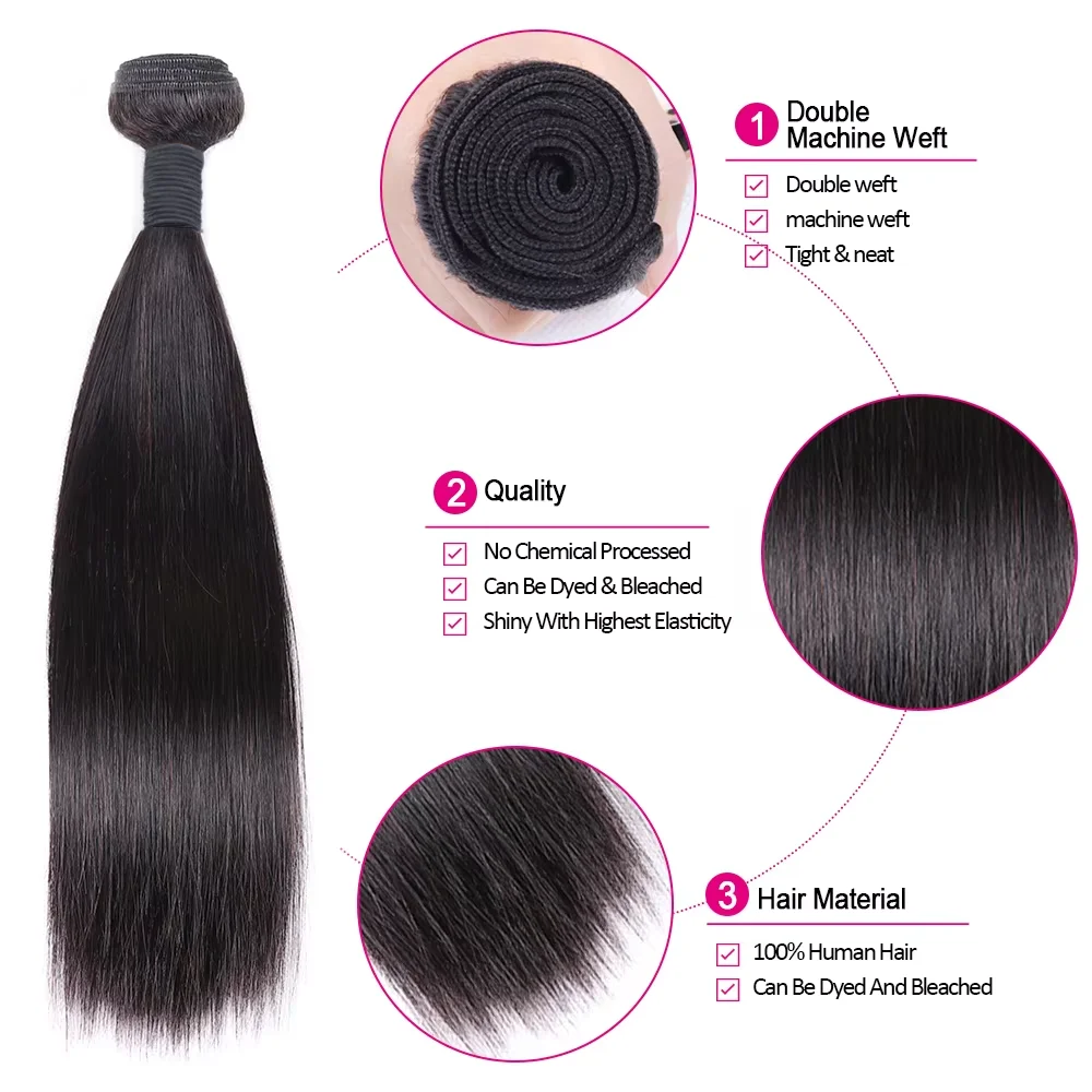 Rambut Manusia Bone Straight 30 Inch, Bundel 16A Hitam Alami 100% Rambut Asli Remy Raw, Ekstensi Rambut Brazilian