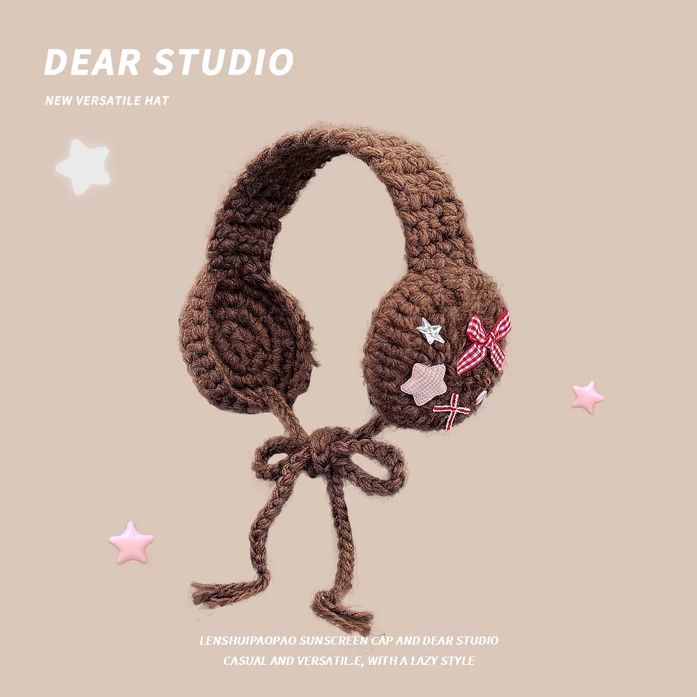 Estilo coreano kawaii tecido à mão estrela arco cinta lã malha earmuffs para mulheres menina outono e inverno moda quente proteger orelha muffs