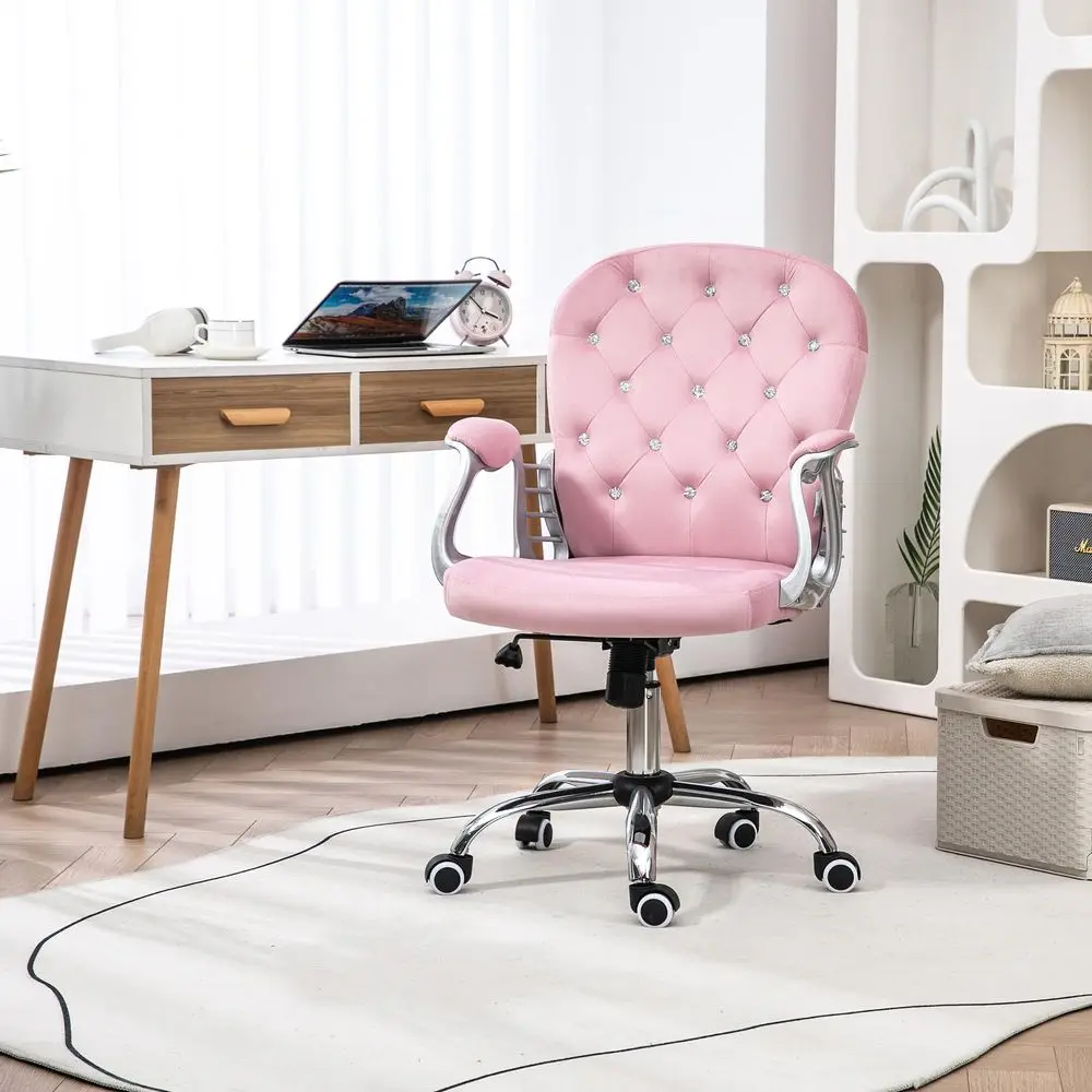 

Velvet Home Office Chair, Button Tufted Desk Chair with Padded Armrests, Adjustable Height and Swivel Wheels, Pink