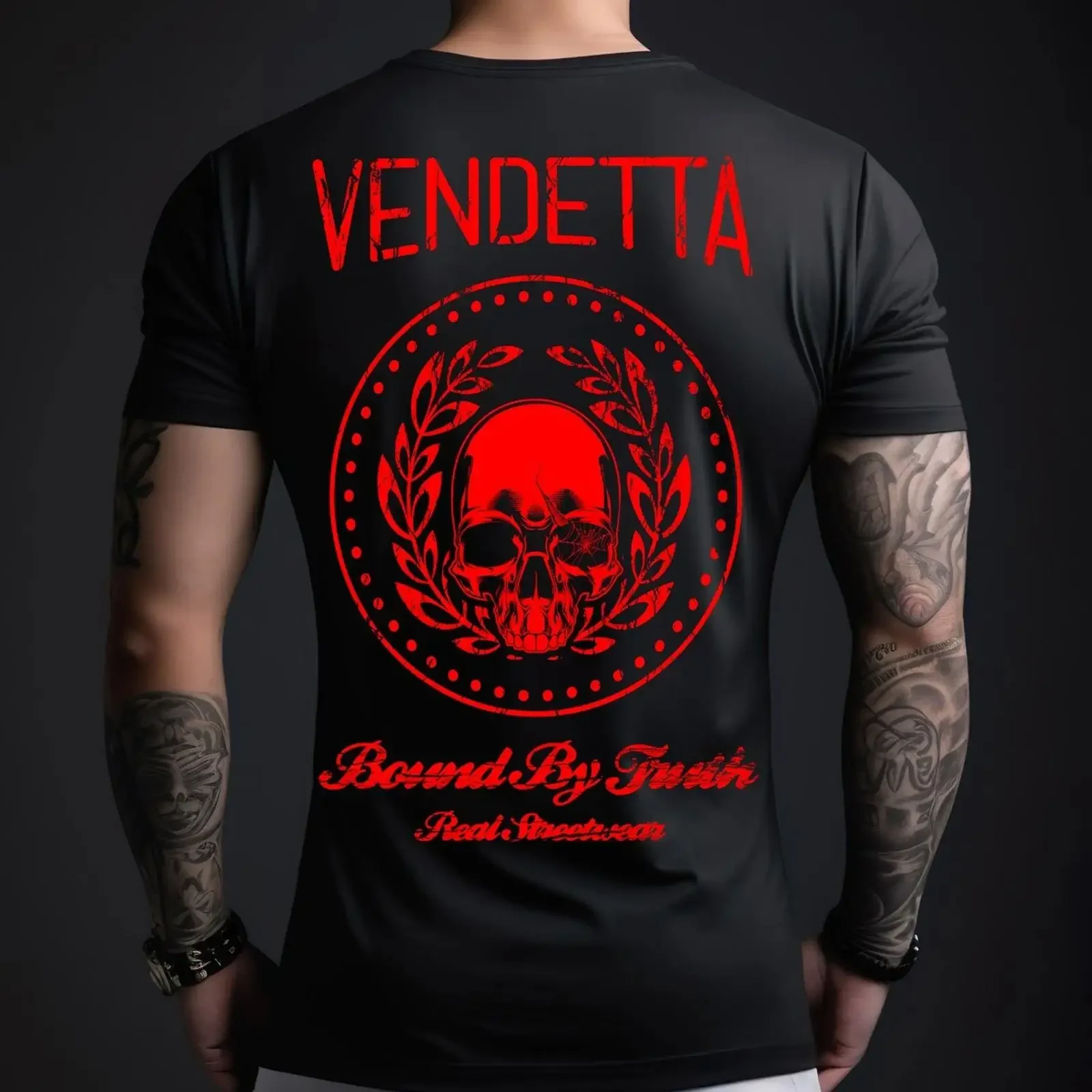 Vendetta Inc Men's T Shirt Bound Skull Black Red VD 1006 Brand New vintage Washed streetwear Soft homme Top For Everyday Wear