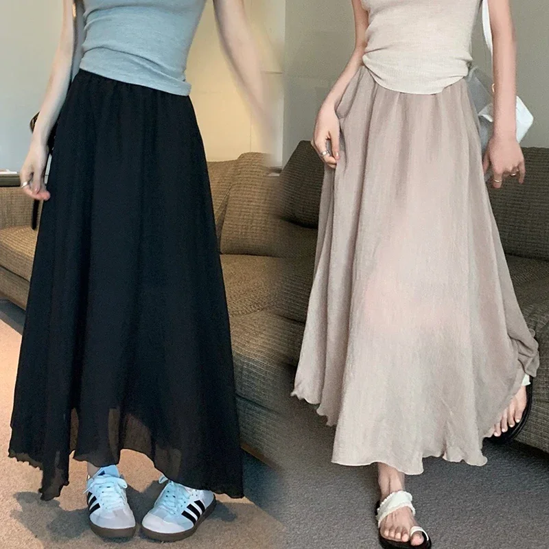 Korean Style Pregnant Woman Skirts Solid Color High Waist Long Loose Casual Maternity Cotton Linen Skirts Pregnancy Long Skirts