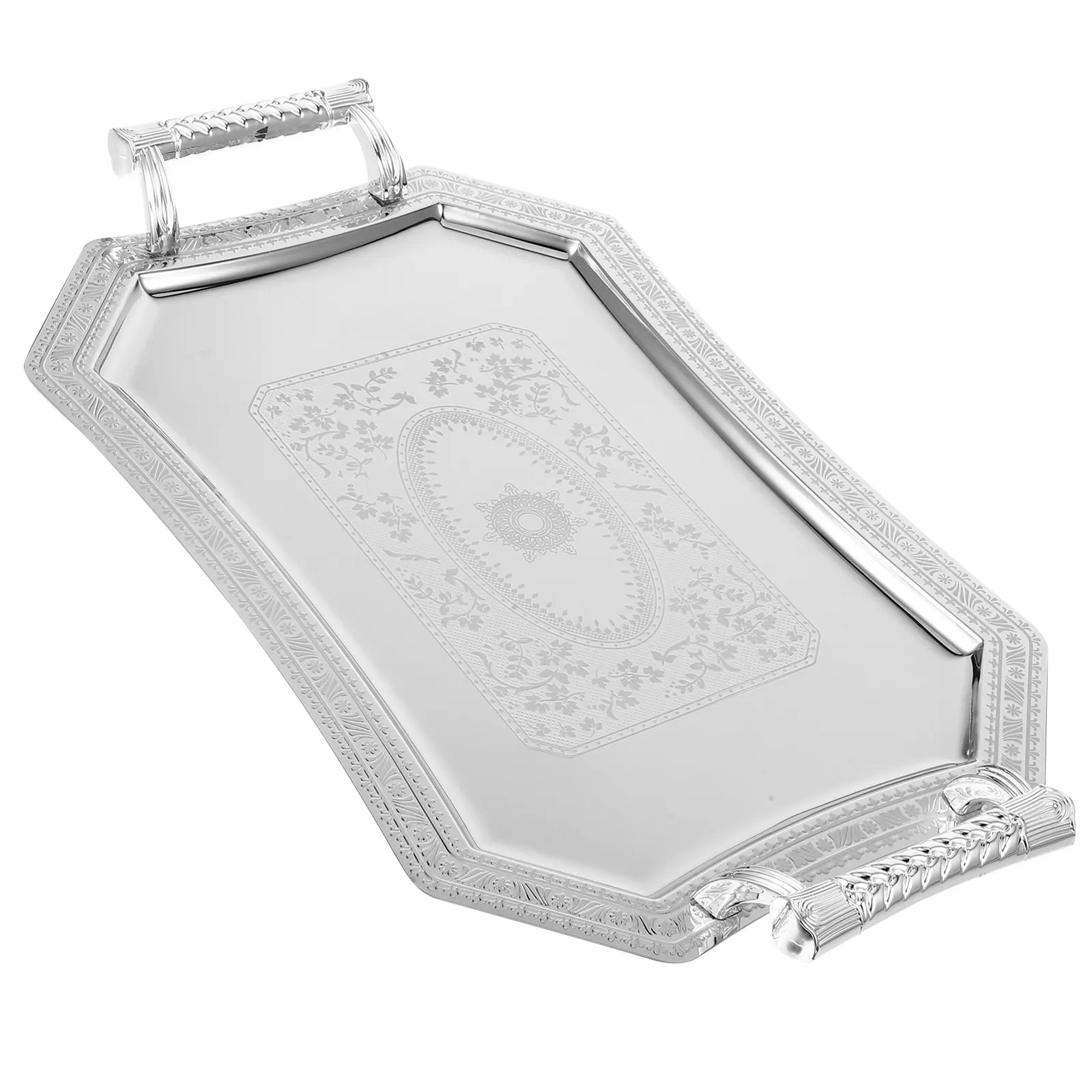 Retro Wrought Silver Serving Tray with Dual Handles Unbreakable Sturdy Coffee Table Fruit Tray Snack Platter for Entertaining
