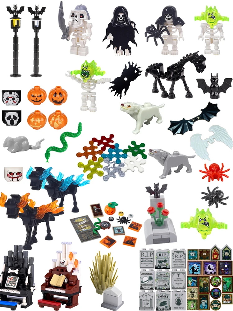 MOC – blocs de construction de scène de Festival d'halloween, squelette, soldat, flamme, cheval, chauve-souris, serpent, araignée, tête de citrouille, pierre tombale, brique, cadeau