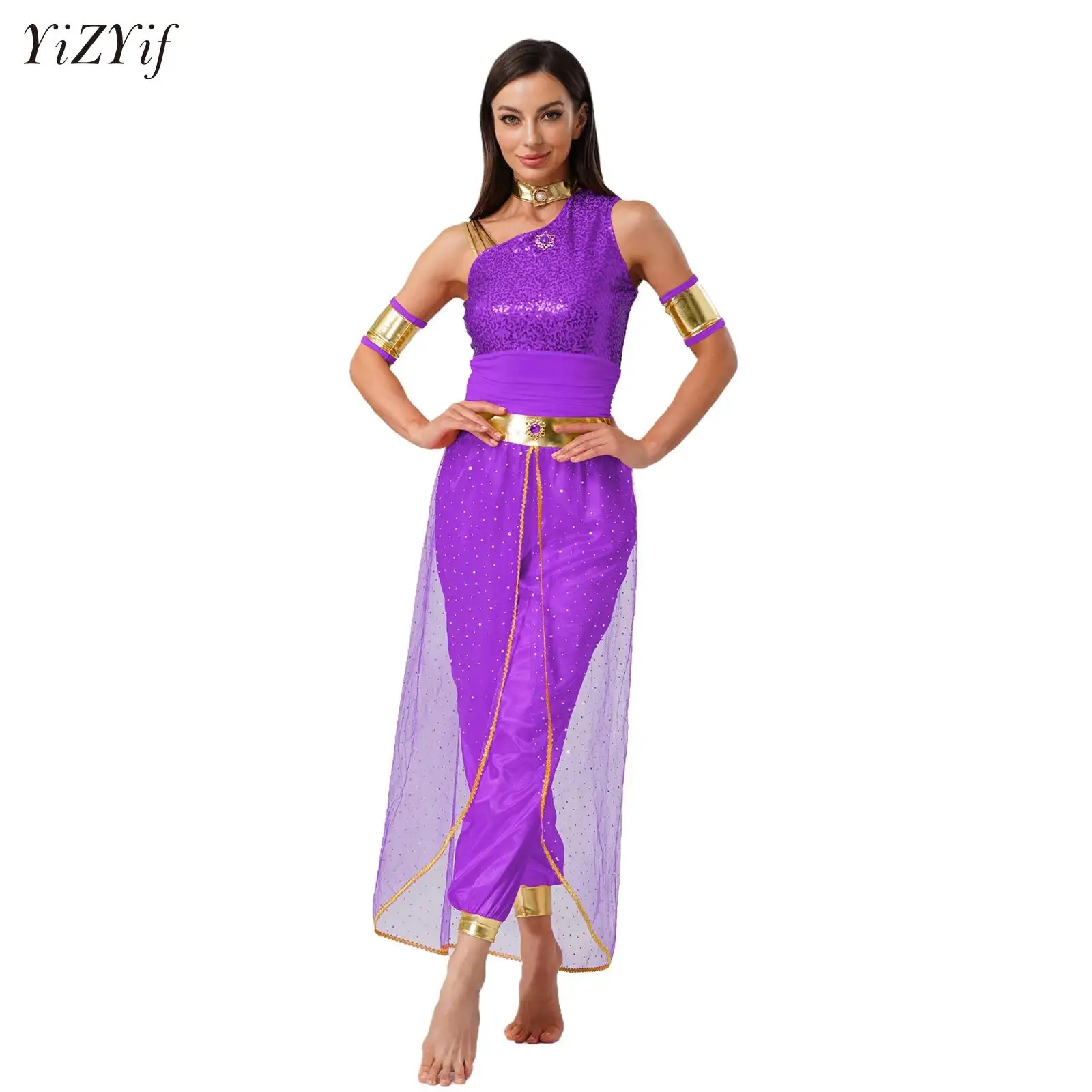 

Womens Arabian Costume Jasmine Princess Cosplay Belly Dance Jumpsuit with Sleeves for Halloween Party Fancy Dress Up Outfits