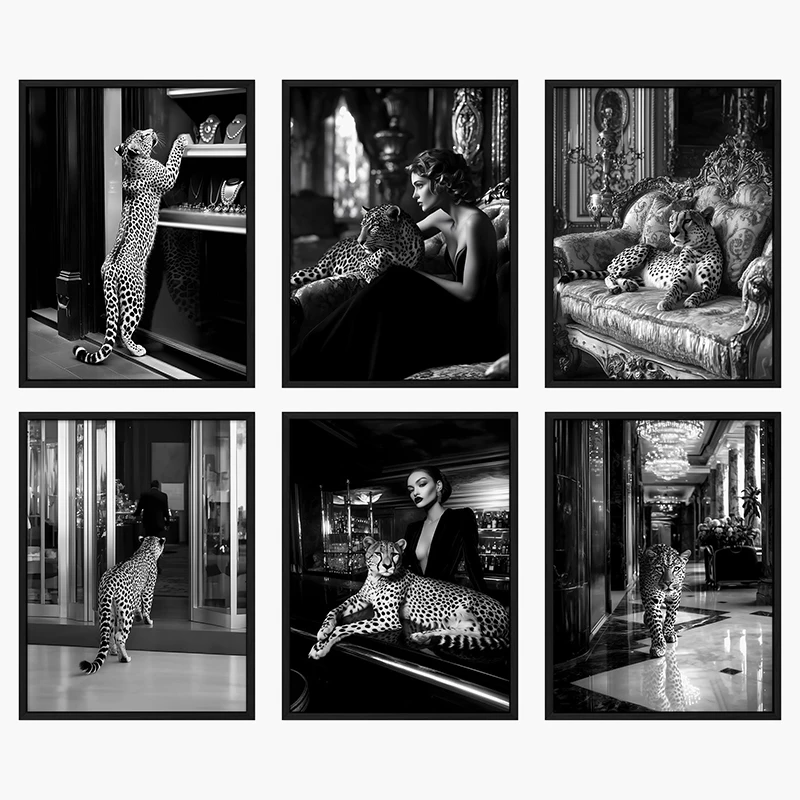 Black and White Fashion Magazine Canvas Painting Leopard Poster Trendy Print Wall for Living Room Home Office Store Decor