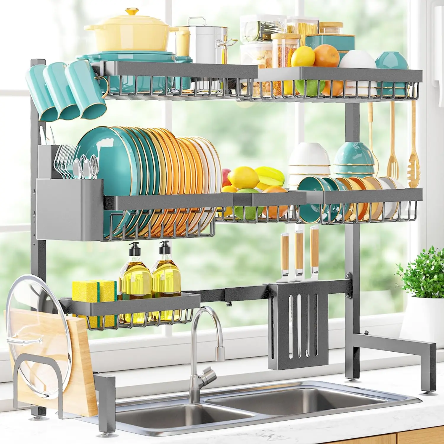 

Adjustable 3-Tier Stainless Steel Sink Dish Drying Rack with Utensil Holders, Large Capacity, Gray