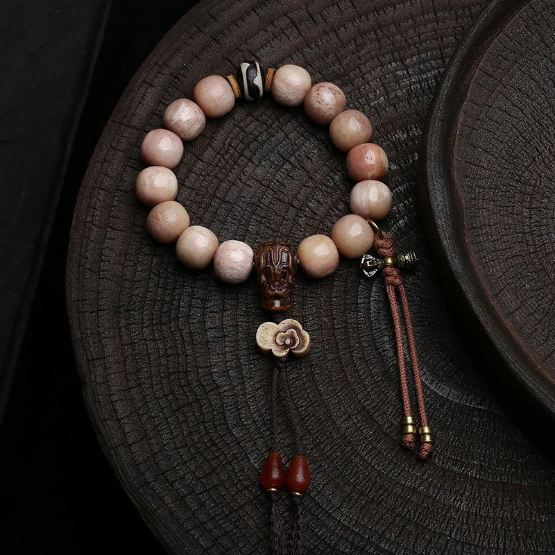 Natural Raw Camel Bone Tri-Color Bead Bracelet Single-Strand Agate Tiger Tooth Tian Zhu Buddhist Prayer Beads