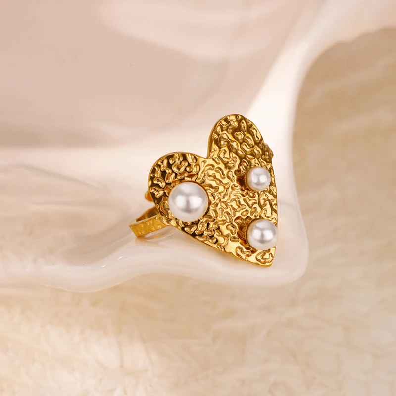 

Vintage Imitation Pearl Heart Rings for Women Stainless Steel Gold Color Adjustable Heart Ring Aesthetic Wedding Jewelry Gift