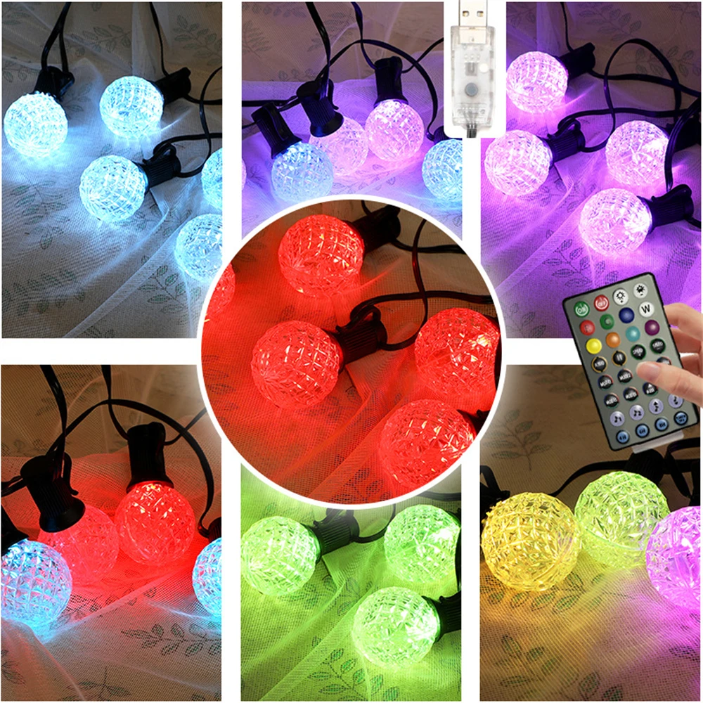 5M 8M RGB G40หลอดไฟไฟสายประดับ LED ตกแต่งคริสต์มาส Fairy Garland ไฟบลูทูธ APP/ระยะไกลสำหรับงานแต่งงานใหม่ปี Holiday Party