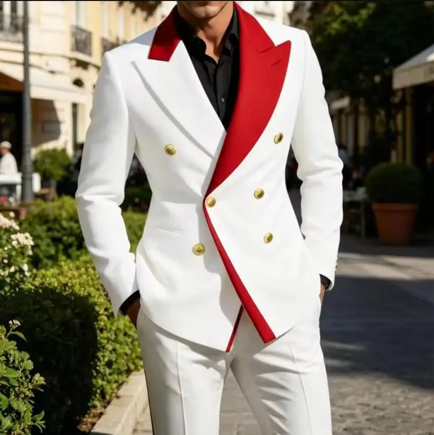 New Design White with Red Men Suits Double Breasted Formal Wedding Suit Groom Tuxedo Prom Party Blazer 2 Piece Set Costume Homme