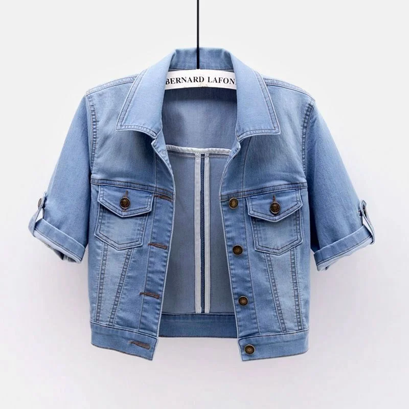 Elasticity Denim Jacket Coat Women Slim Short Cowboy Outerwear Summer Thin Solid Color Pocket Half Sleeve Jeans Jacket Female