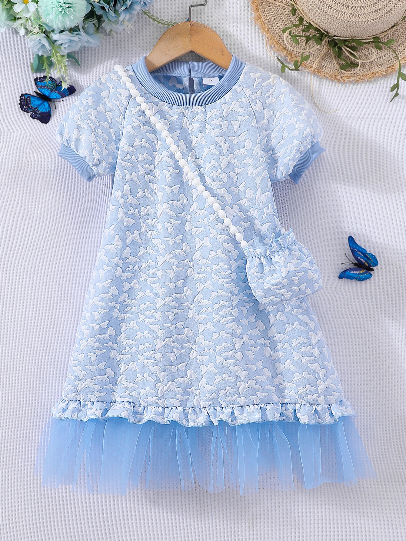 

Синяя Сетчатая футболка с коротким рукавом и круглым вырезом для девушек 2-7 лет