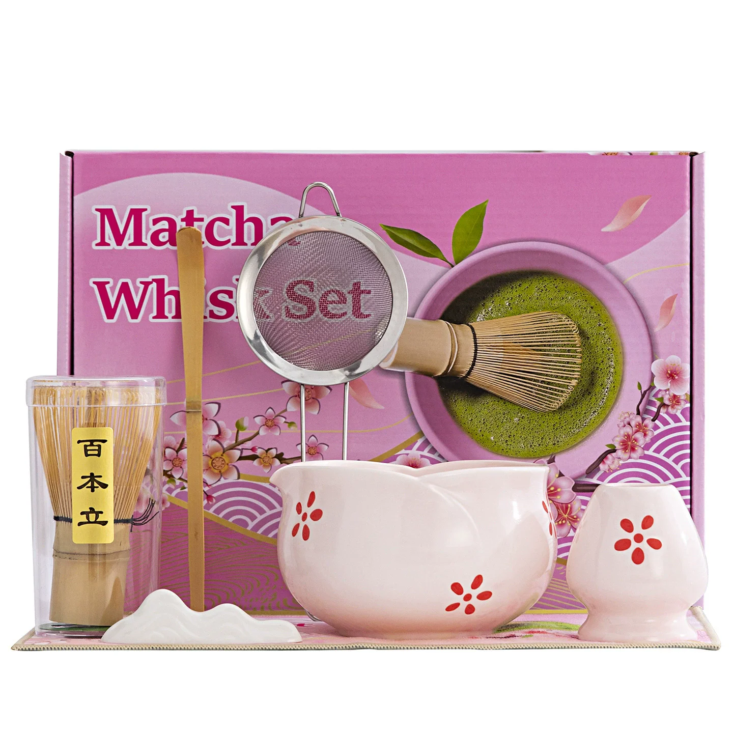 

5pcs Pink Heart Decal Ceramic Matcha Set, Cute Matcha Set Includes Matcha Bowl, Matcha Whisk and Holder, Bamboo Scoop, Sifter