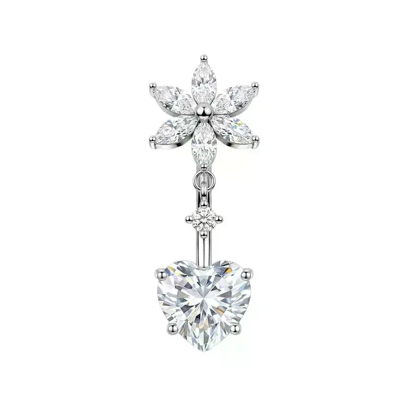 Hypoallergenic Stainless Steel Belly Button Ring With Shiny Flower Heart Dangle