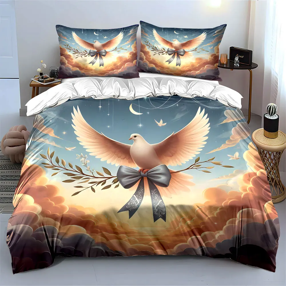 Dove with olive branch in serene scene Print Soft Comfortable Duvet Cover Bedding Set Included 1*Duvet Cover  2*Pillowcases