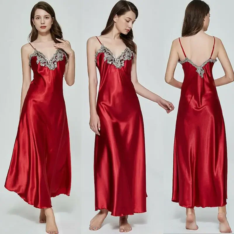 السيدات المرأة الساتان قمصان النوم الطويلة الحرير الدانتيل مثير الملابس الداخلية الإناث أكمام عميق الخامس فستان النوم فستان سهرة ملابس خاصة الولايات المتحدة