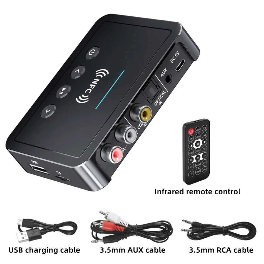 Bluetooth5.4 Receiver Transmitter FM Stereo AUX 3.5mm TF U-disk RCA Optical Wireless Audio Adapter Remote Control For TV Car Kit