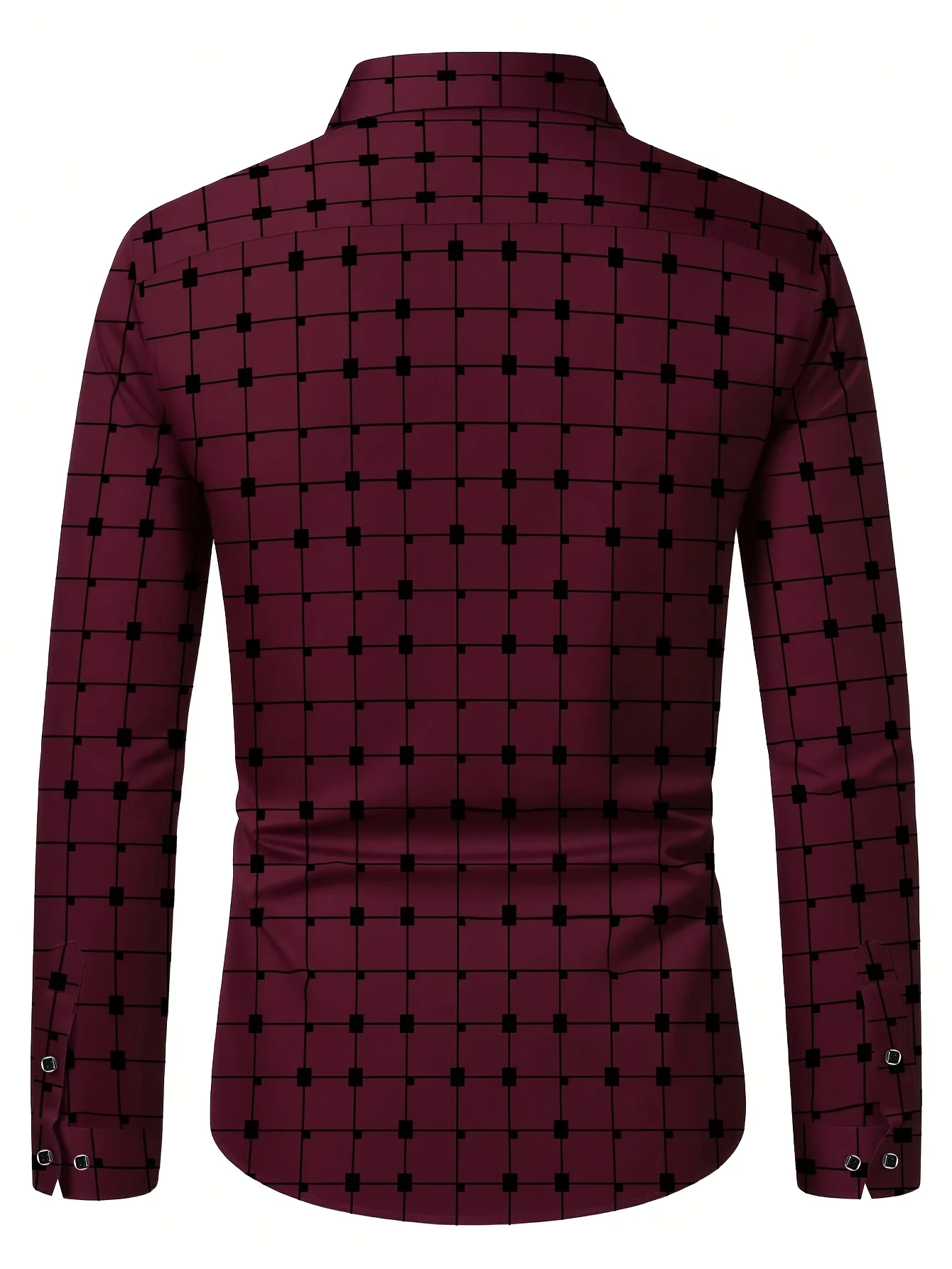 Men Long Sleeve Button Down Shirt Burgundy Black Mini Check Print Polyester Lapel Collar Business Casual