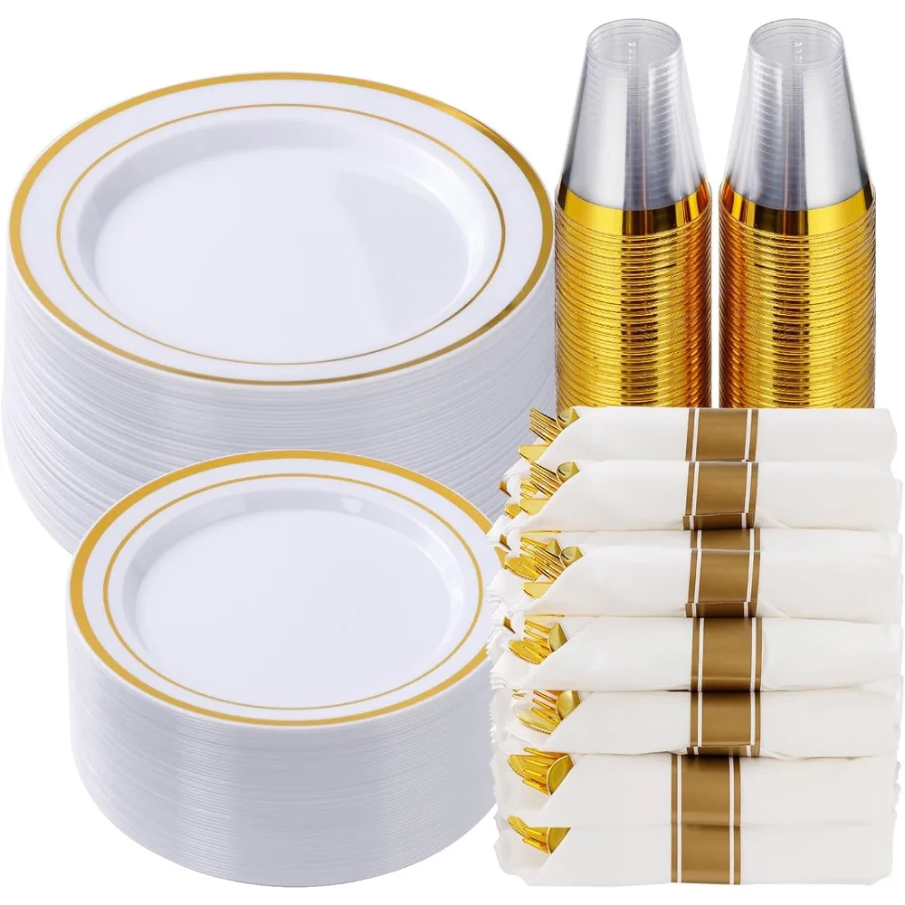 

Gold Plastic Dinnerware Set for 50 Guests, Fancy Disposable Plates for Party, Disposable Party Tableware, 350 Piece