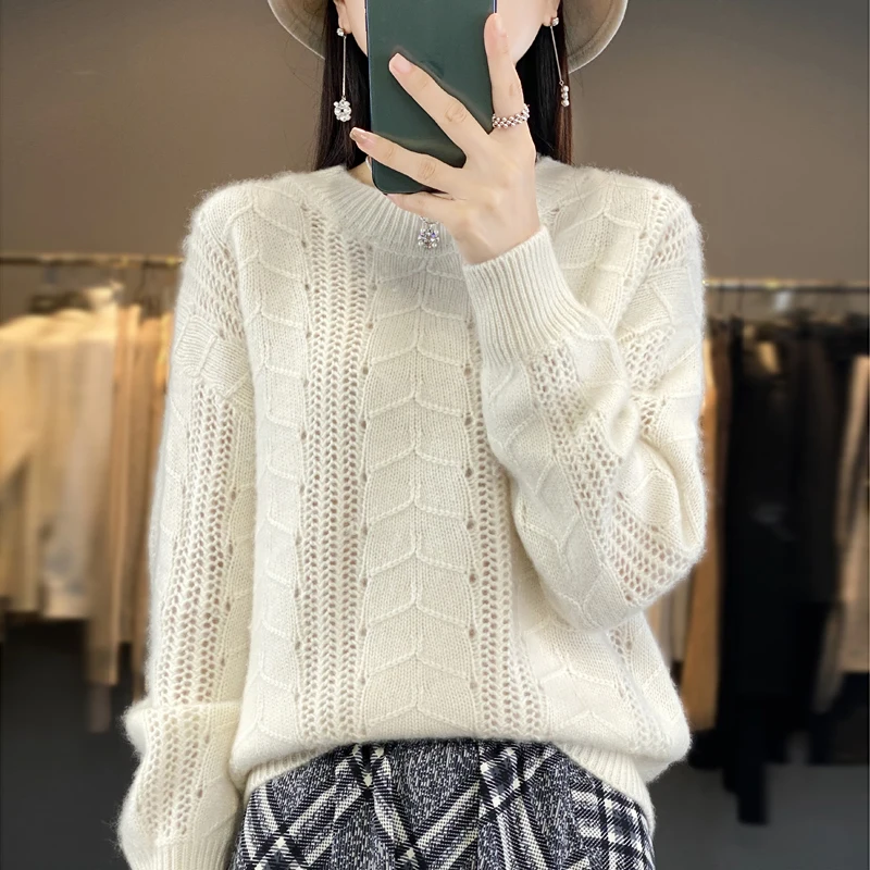 2024 Herringbone 100% Merino wool Fall/winter Cashmere sweater Women's crewneck pullover warm bottom knit shirt top