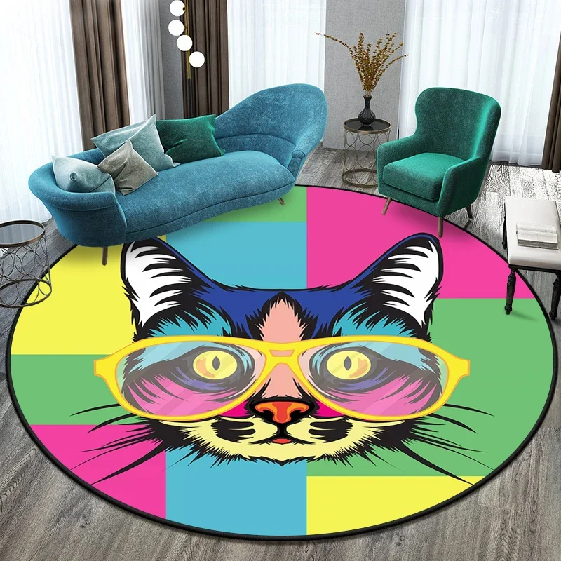 Cute Cartoon Cat Cushion Children's Play Area Mat Room Decor Mat Area Rug Round Carpet Floor Mats Small Rug for Bedroom Pet Rug