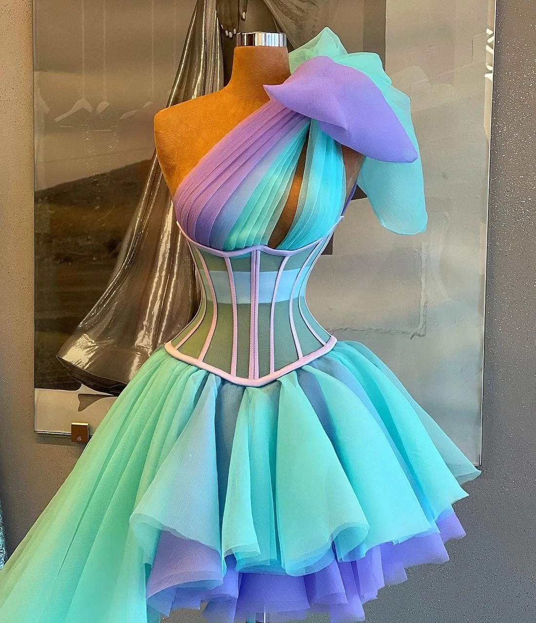 Turquoise Cocktail Dresses A-line One-shoulder Short Mini Tulle Homecoming Dresses Haute Couture Customized