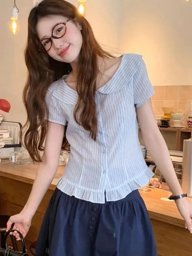 

Shirts Women Striped Printed Preppy Style Patchwork Ruffles Elegant Short Sleeve Crop Tops Sweet Ladies Casual Blouse