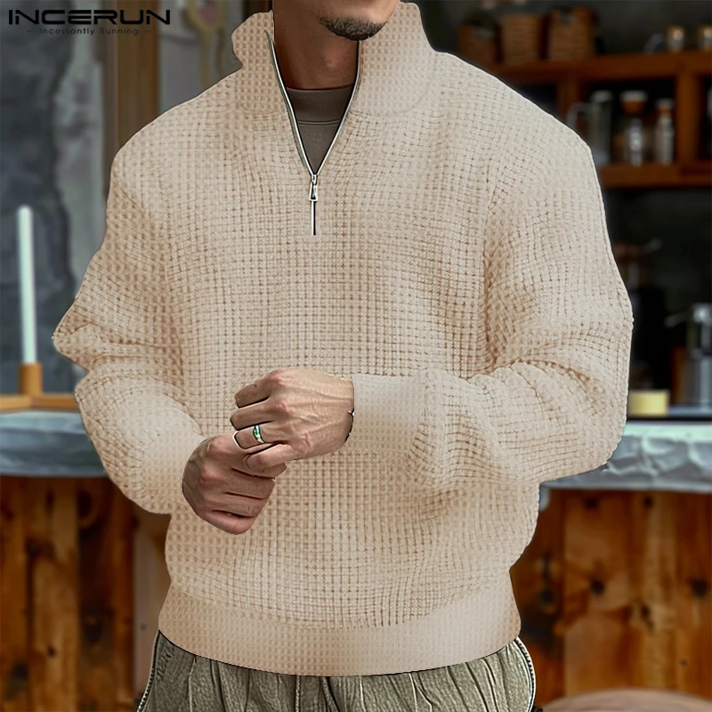 

INCERUN 2025 Autumn Winter Men Clothing Stand Collar Cool Style Zipper Up Waffled Sweatshirts Long Sleeve Textured Pullover