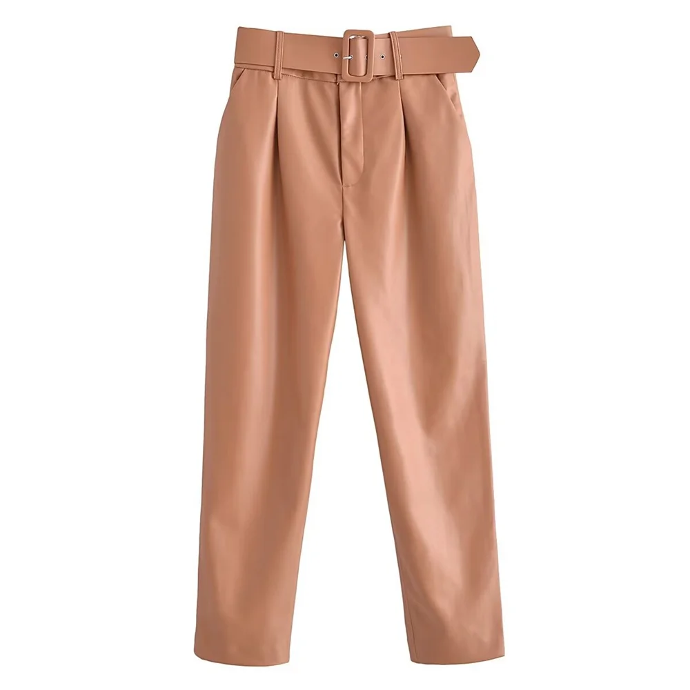 2024 Spring New Women\'s Fashion and Casual High Waist Solid Color Matching Belt, Long Pants, Leather Pants