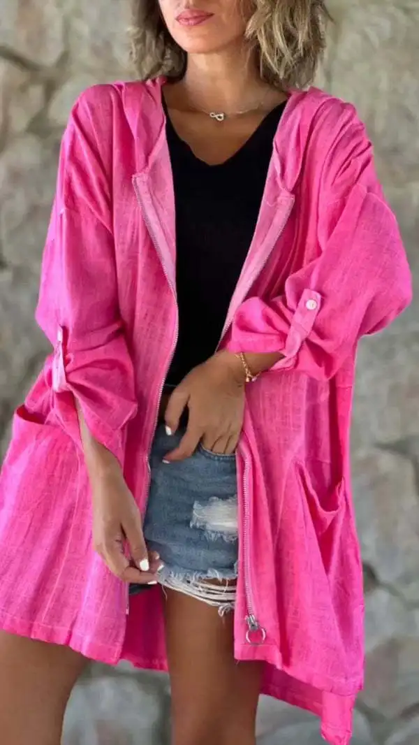 

Casual Hooded Jacket Fashion Solid Color Asymmetric Split Jacket Loose Long Sleeved Zipper Top Spring Commuter Women Clothing