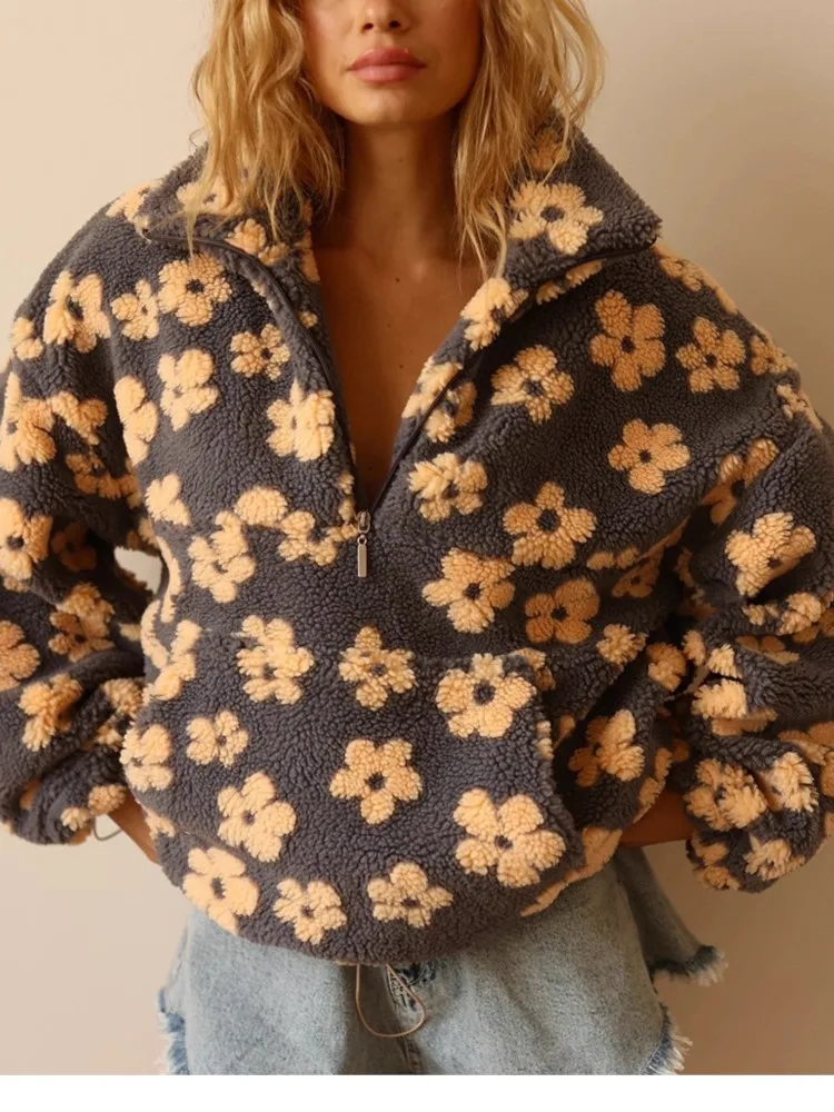 秋と冬のファッション暖かい長袖スウェットシャツ女性のフリースフラワージッパースタンドアップカラーエレガントな多用途トップス