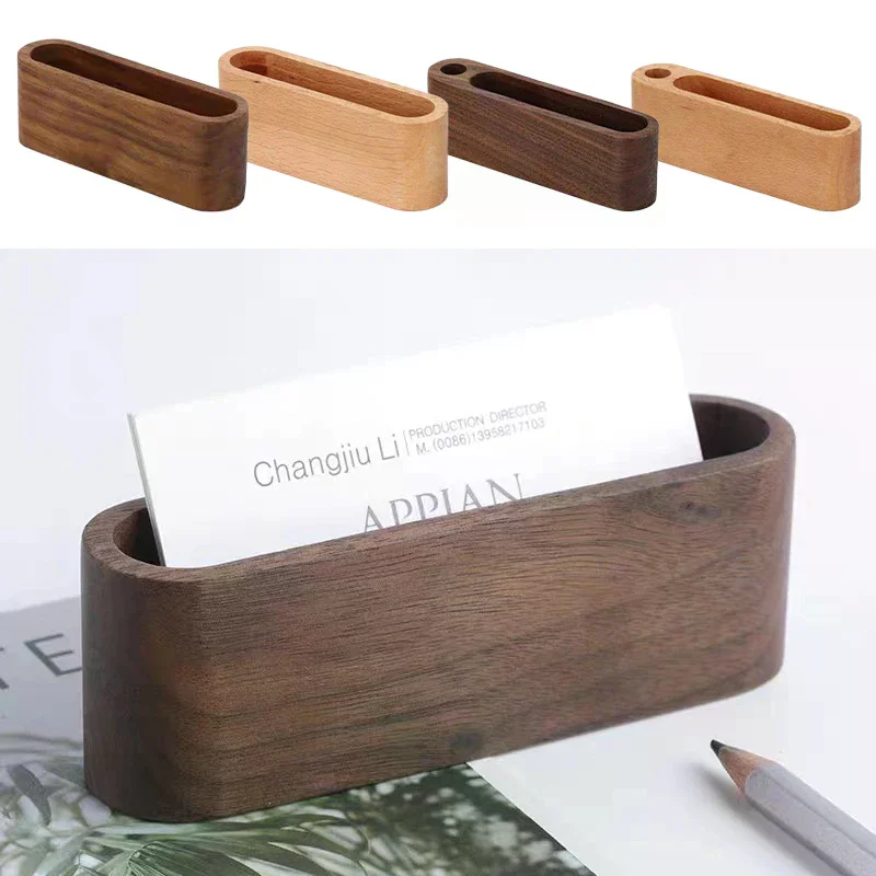 Business Card Holder Wooden Organizer Office Desk Name Card Display Stand with Pen Slot Memo Pad Cards Stand Card Holder