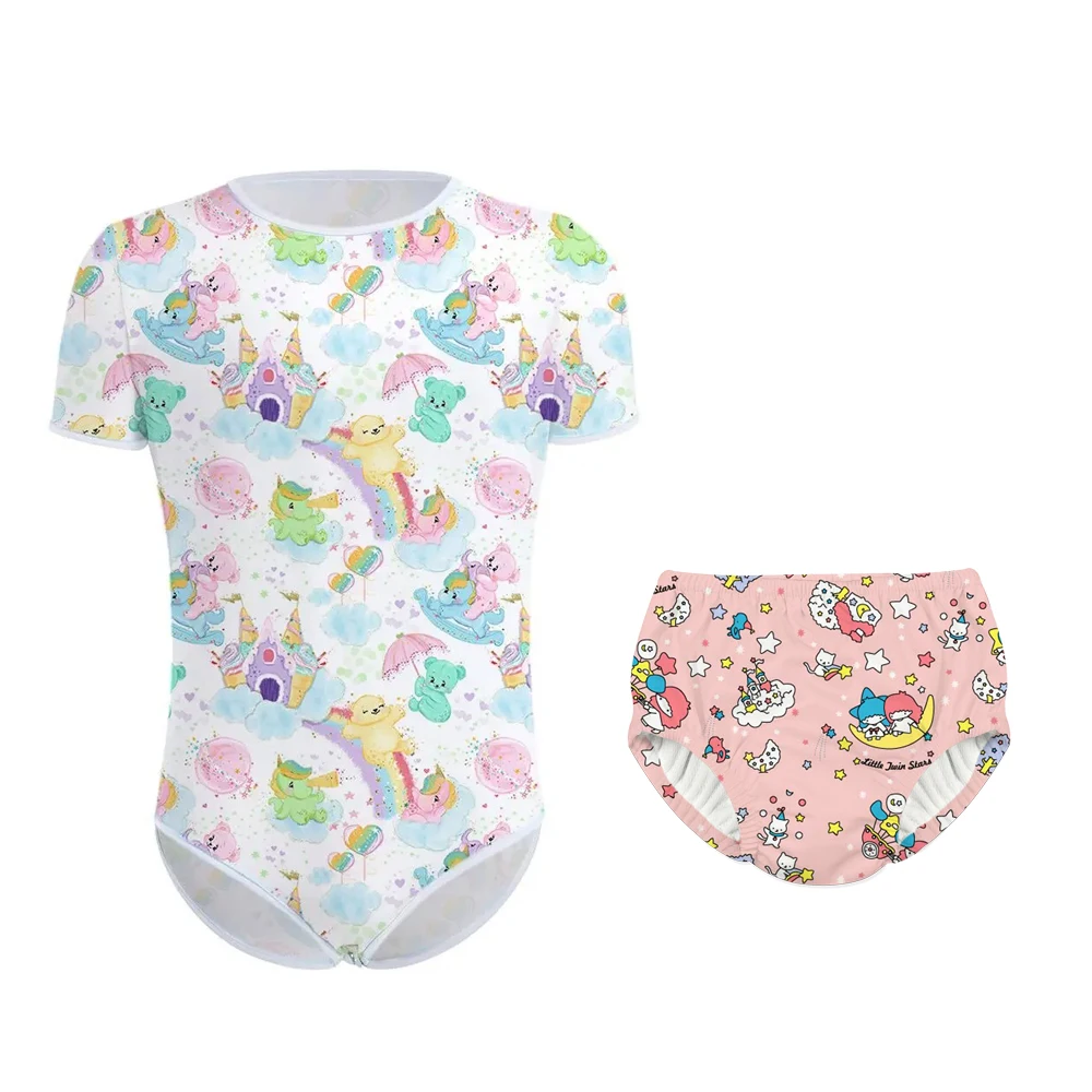 Adult Baby Pajamas Snap Crotch Bodysuit ABDL Onesie Diaper Set