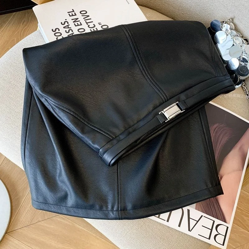 Business Commute High Waist PU Leather Half Skirt Women Slim Fit Bodycon Skirt Professional Sense Belt Slimming Effect